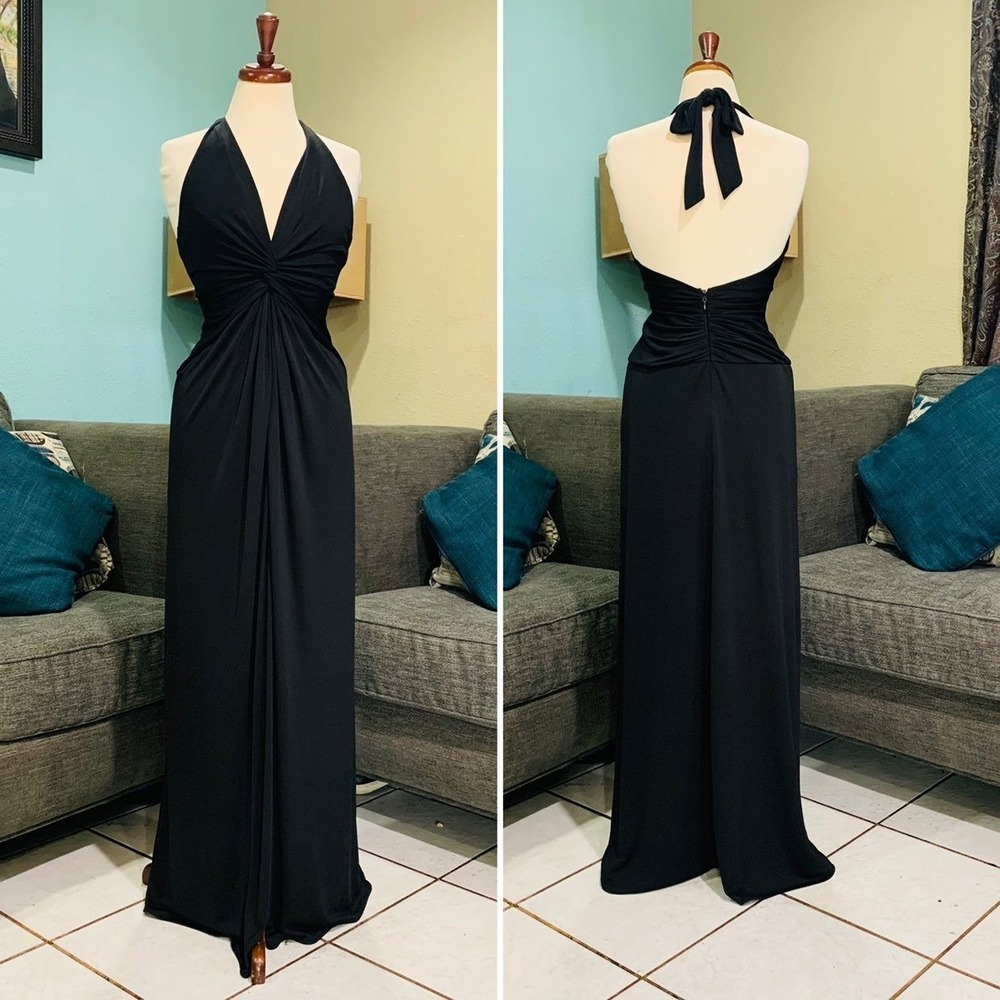 BCBGMAXAZRIA‎ Black Twist Front Halter Maxi Dress Size XS Ruched Open Back Prom
